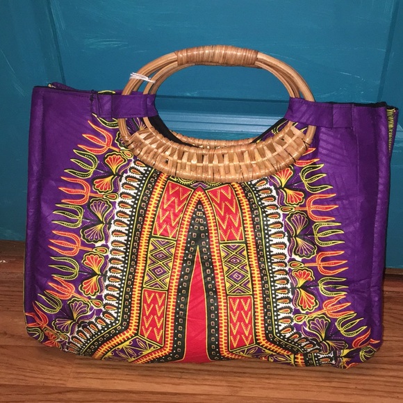 Kente cloth print tote with wicker handles - Picture 2 of 7